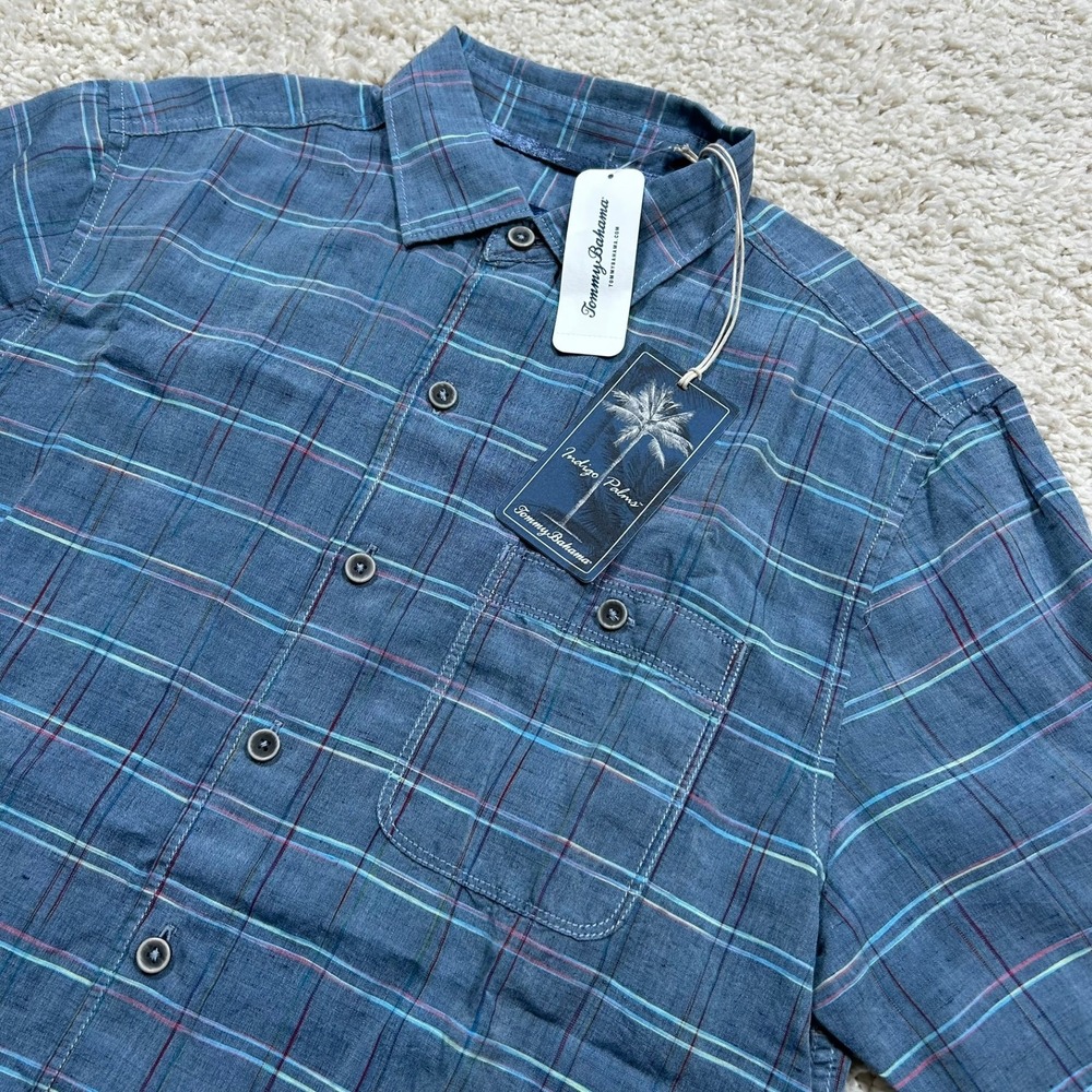 Tommy Bahama Button Up Shirt Small Linen Sunray Check Plaid Indigo Palms New